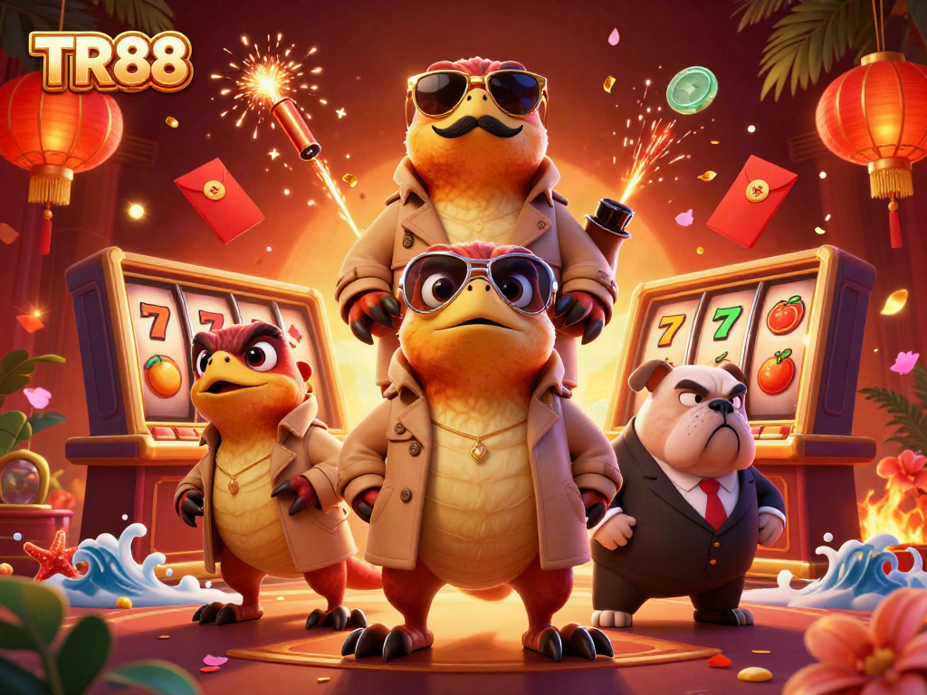 Experience TR88 excitement as cartoon raptors sneak into a VIP casino lounge, surrounded by vibrant game elements.