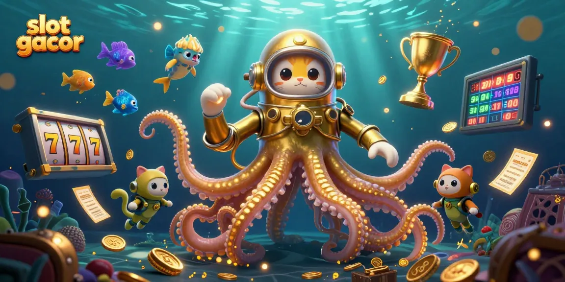 Engage in slot gacor excitement with a cartoon kraken, diving cat, and glowing sea creatures in this lively 3D scene.