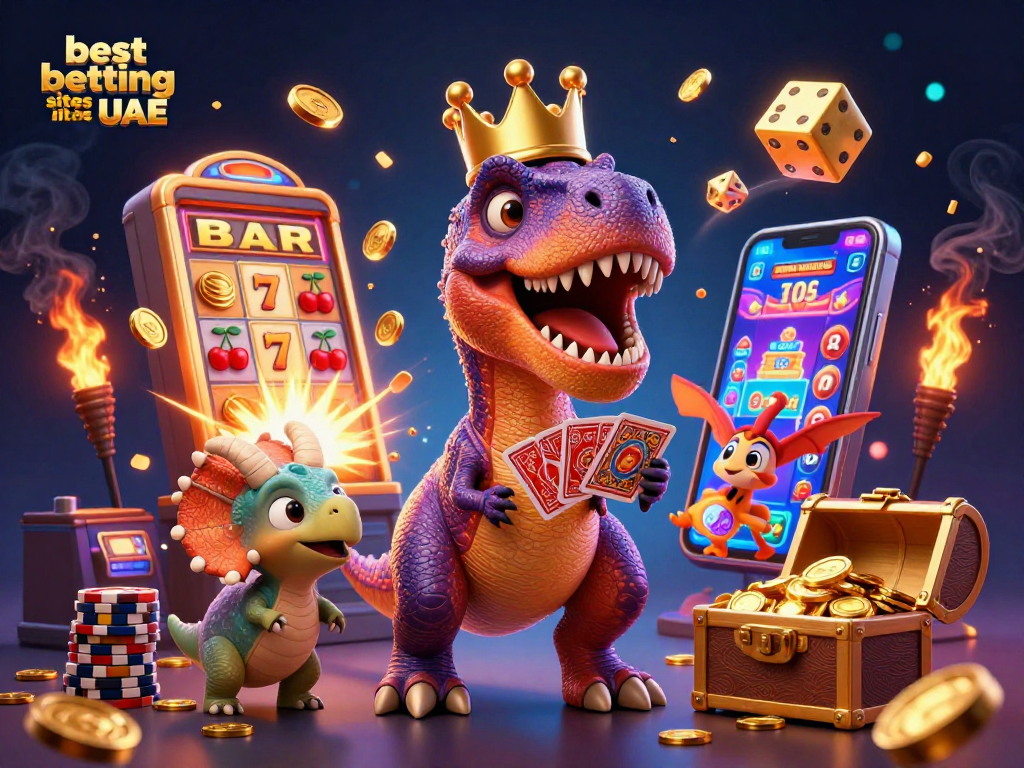 Experience the thrill of betting with the best betting sites in UAE, showcasing a friendly T-Rex and vibrant casino elements.