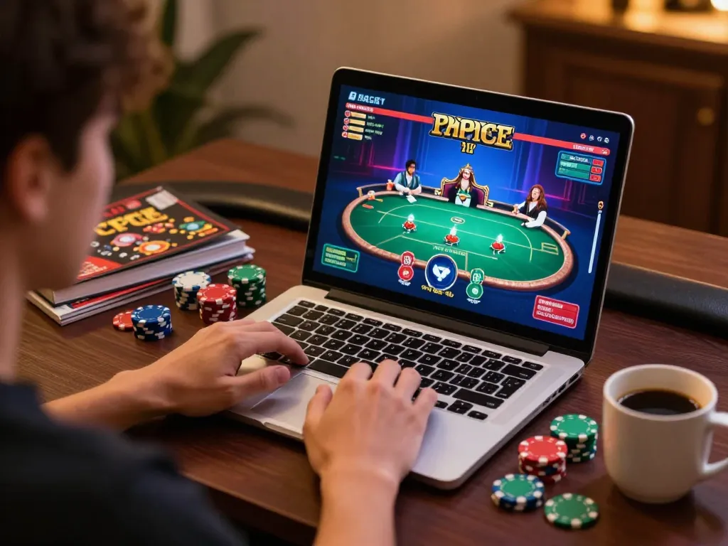 Player engaging in strategic online poker at home with nhacaiuytinn displayed on laptop screen.