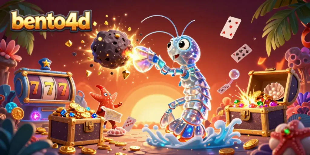 Bento4d showcases a vibrant scene with golden rewards featuring a mantis shrimp and underwater casino elements.