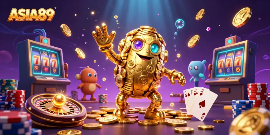 Engage with the mesmerizing ASIA89 casino scene featuring gold coins, slot symbols, and dynamic game elements.