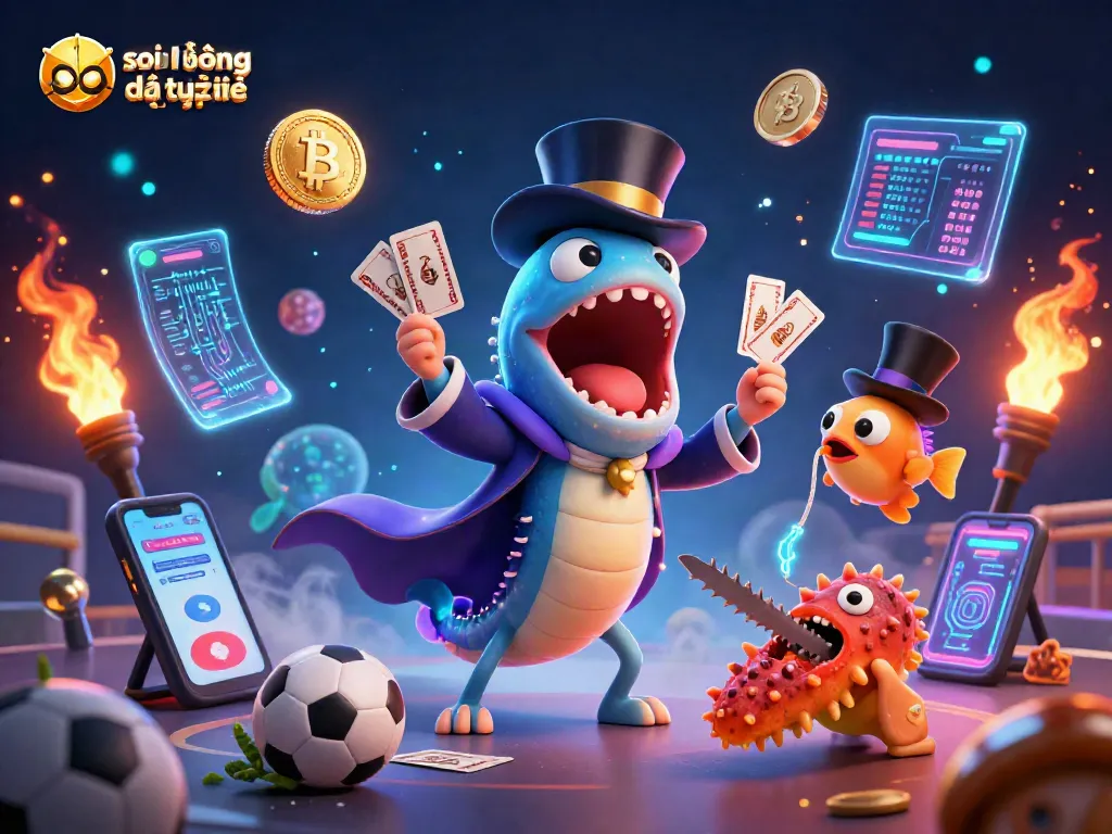 Soi kèo bóng đá trực tuyến cùng với các nhân vật hoạt hình kỳ ảo trong một khung cảnh thể thao sôi động.