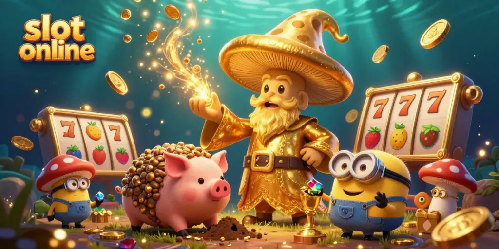 Engage in thrilling slot online action with a whimsical 3D wizard scene showcasing treasures and jackpots.