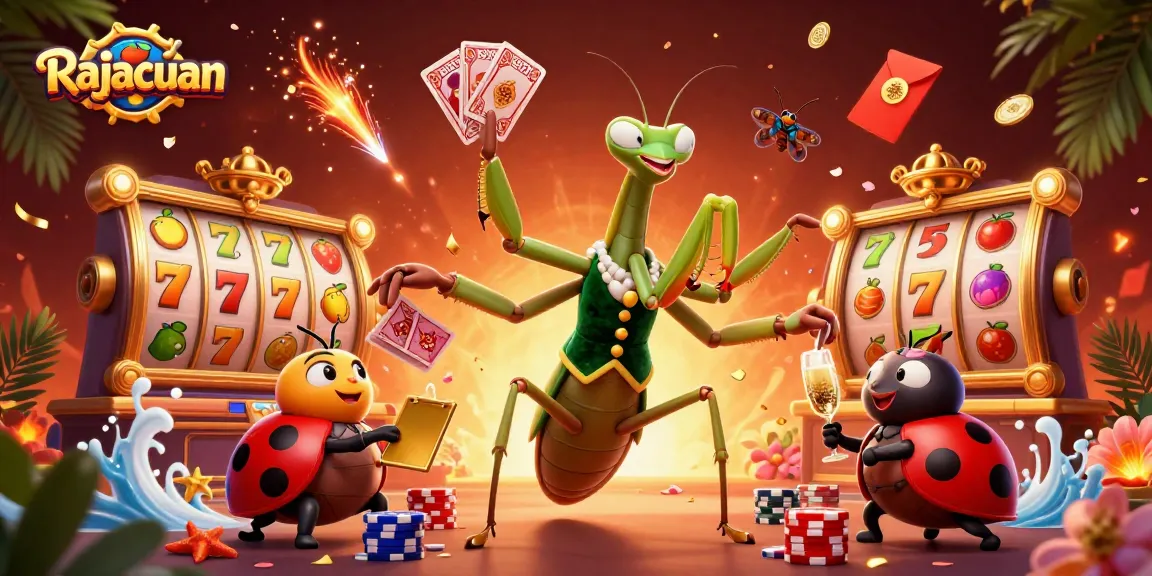 Experience Rajacuan's excitement with a vibrant 3D illustration of casino activity featuring lively characters and slot reels.