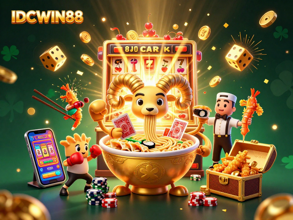 Engage with IDCWIN88 through an exciting 3D casino illustration showcasing unique game characters and vibrant gambling elements.