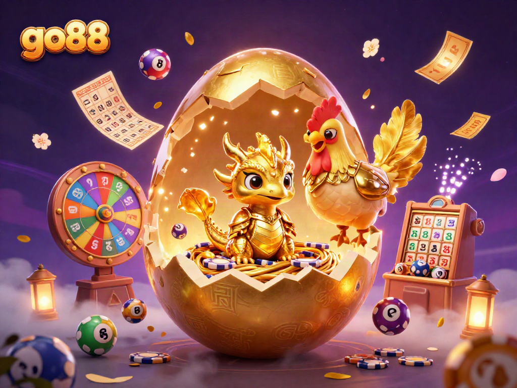 Experience exciting gaming thrills with go88, featuring a golden baby dragon amidst vibrant casino elements.