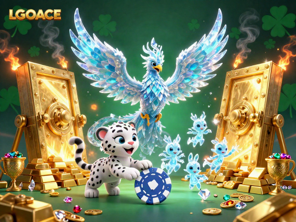 Experience the magical world of LGOACE with an enchanting ice phoenix, a playful snow leopard cub, and sparkling treasures.