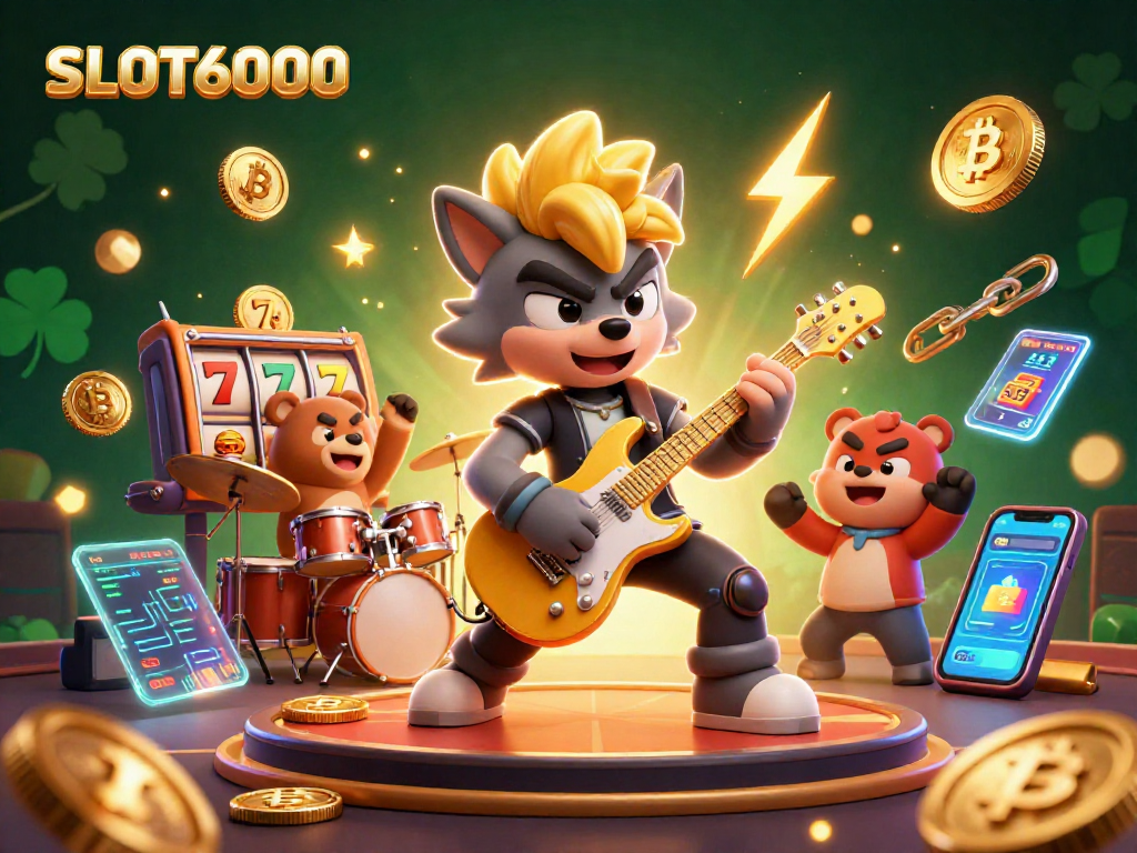 Experience the thrill of SLOT6000 with vibrant characters playing slots and showcasing crypto elements.