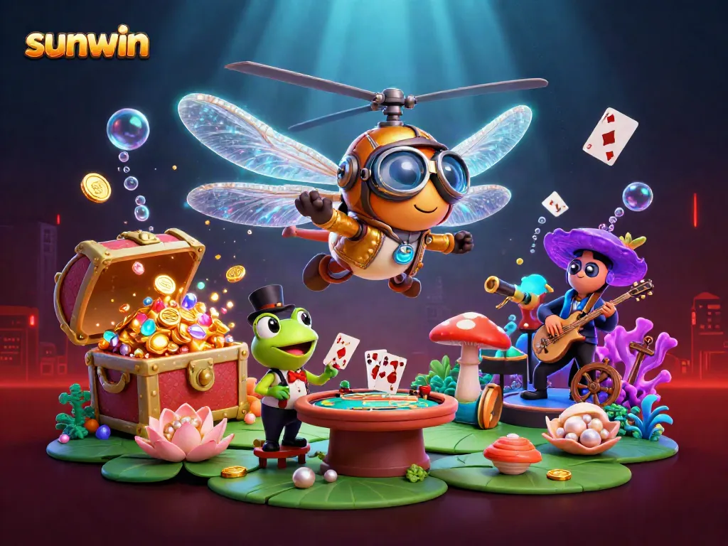 Experience the excitement of sunwin with a whimsical dragonfly pilot, frog croupier, and vibrant underwater casino!