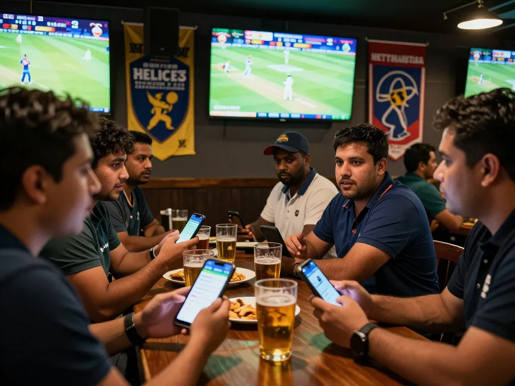 Crickex app being used by cricket fans in a lively sports bar for live betting.
