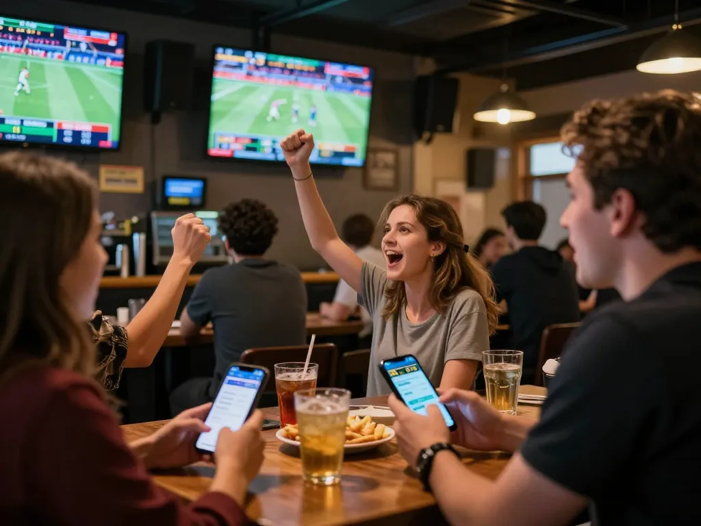 MM88 players engaging in thrilling live sports betting at a vibrant bar.