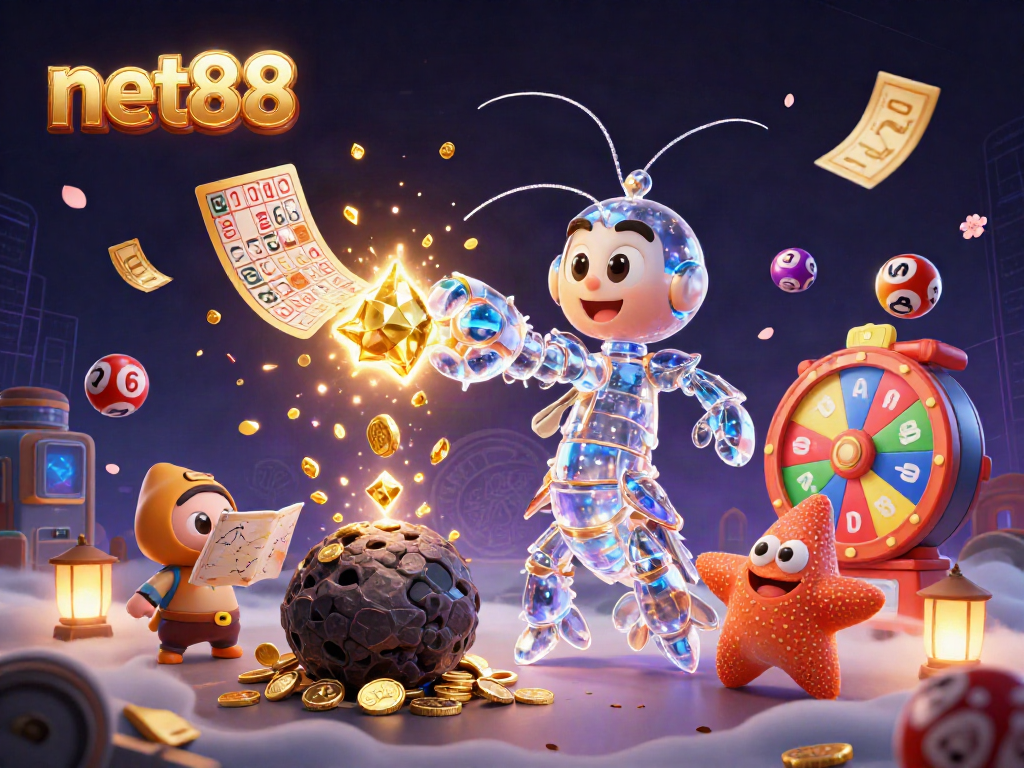 Experience thrilling gameplay with net88 as the galactic samurai shrimp battles asteroids while colorful lottery elements surround him.