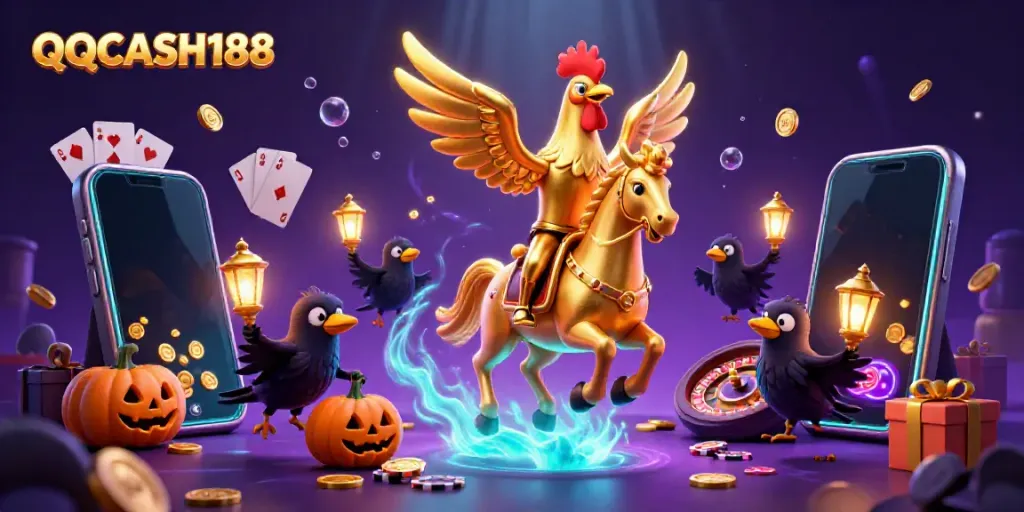Experience QQCASH188 in an immersive casino scene with golden rooster and gaming elements.