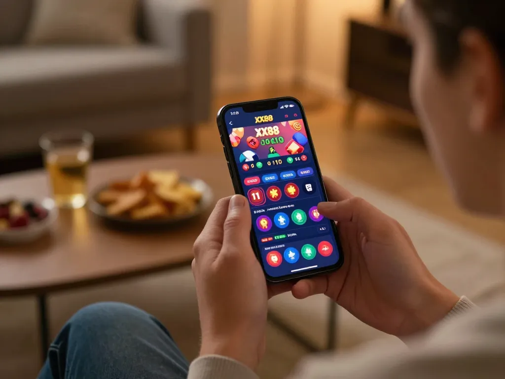Player immersed in XX88 mobile casino app, enjoying a strategic gaming experience.