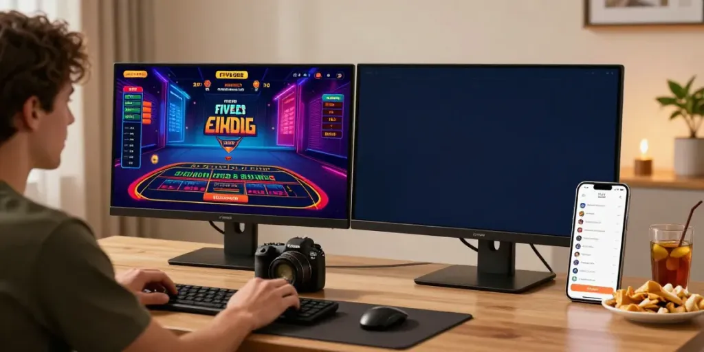 User engaging in live casino games at FIVE88 from a modern home office, dual monitors displaying the betting interface, highlighting excitement in online gambling.