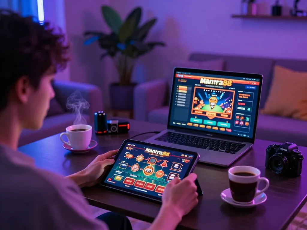 Engaging in intense gameplay on mantra88's online casino platform, showcasing a modern gaming setup