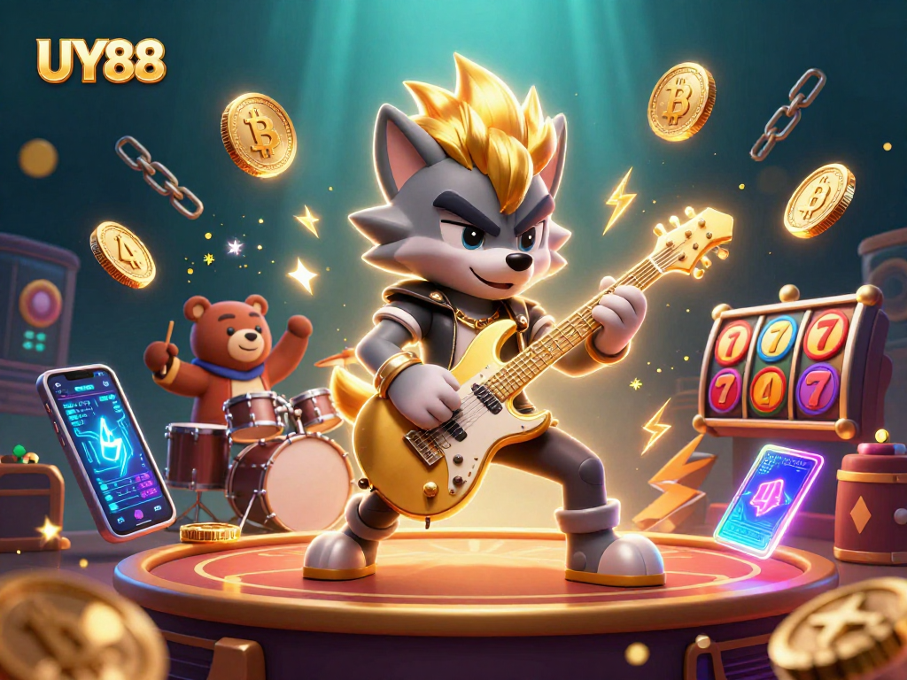 Experience thrilling action with UY88 in a vibrant 3D casino scene showcasing crypto elements.