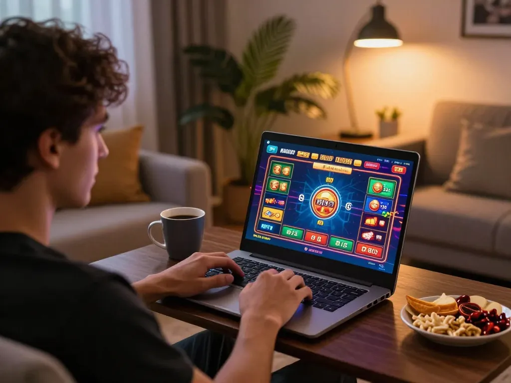 Player enjoying llwin online casino on a laptop with snacks and drinks, cozy home setting.