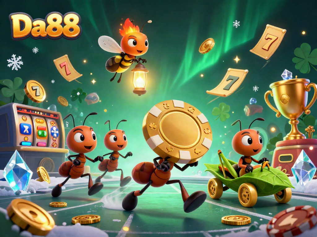 Da88 casino scene with cartoon ants carrying a giant poker chip in a dynamic casino heist setting.