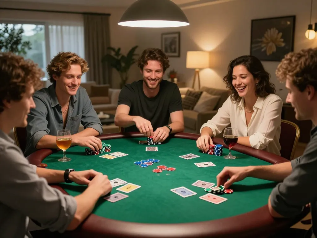 Engaged friends playing poker while discussing tỷ lệ kèo nhà cái during a cozy night in.