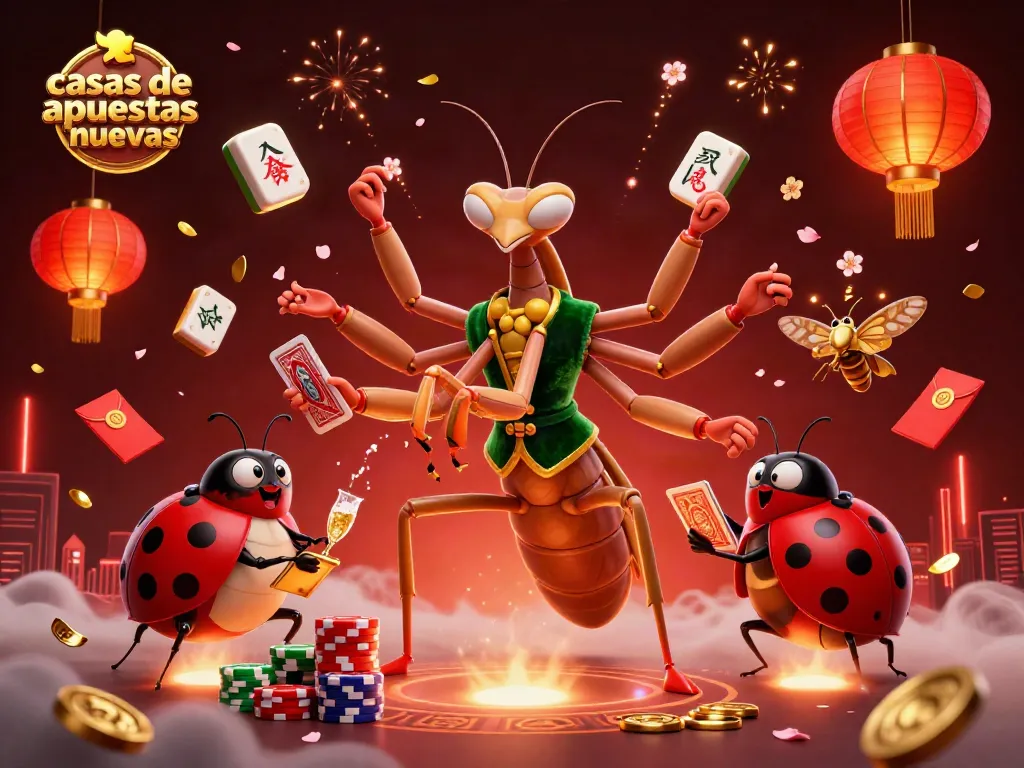 Ilustra casas de apuestas nuevas con un camaleón jugador y elementos de casino vibrantes.