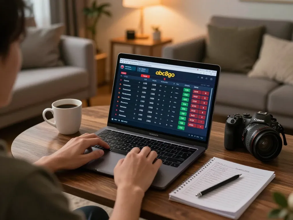 Engaging in online sports betting on abc8go with live odds displayed on a laptop, cozy home atmosphere.