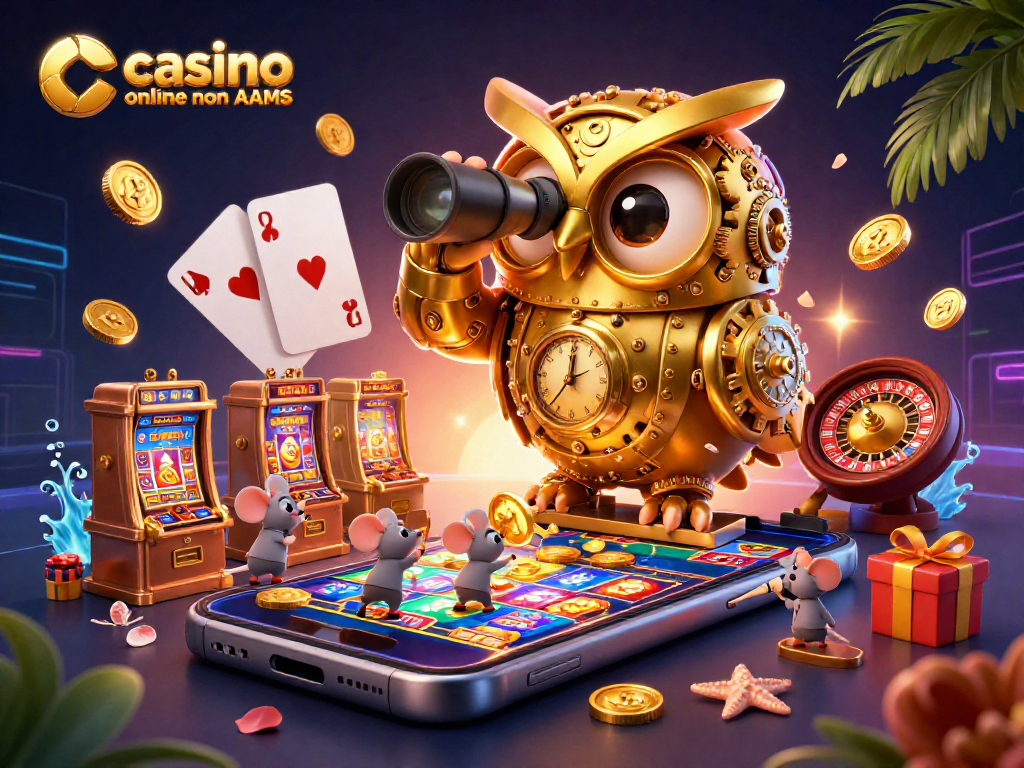 Gioca nel casino online non AAMS con l'illustrazione di un gufo dorato e topini tra le slot.