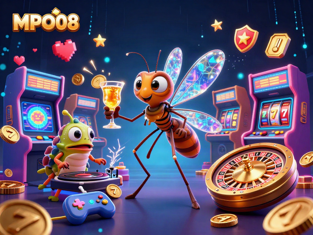 MPO08 showcases an ultra-detailed 3D scene featuring a mosquito casino mascot and lively gaming elements.