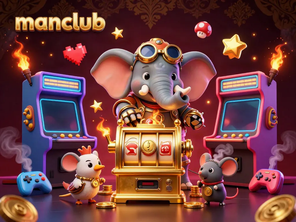 Experience the excitement at Manclub with a steampunk elephant operating a golden slot machine surrounded by colorful game elements.