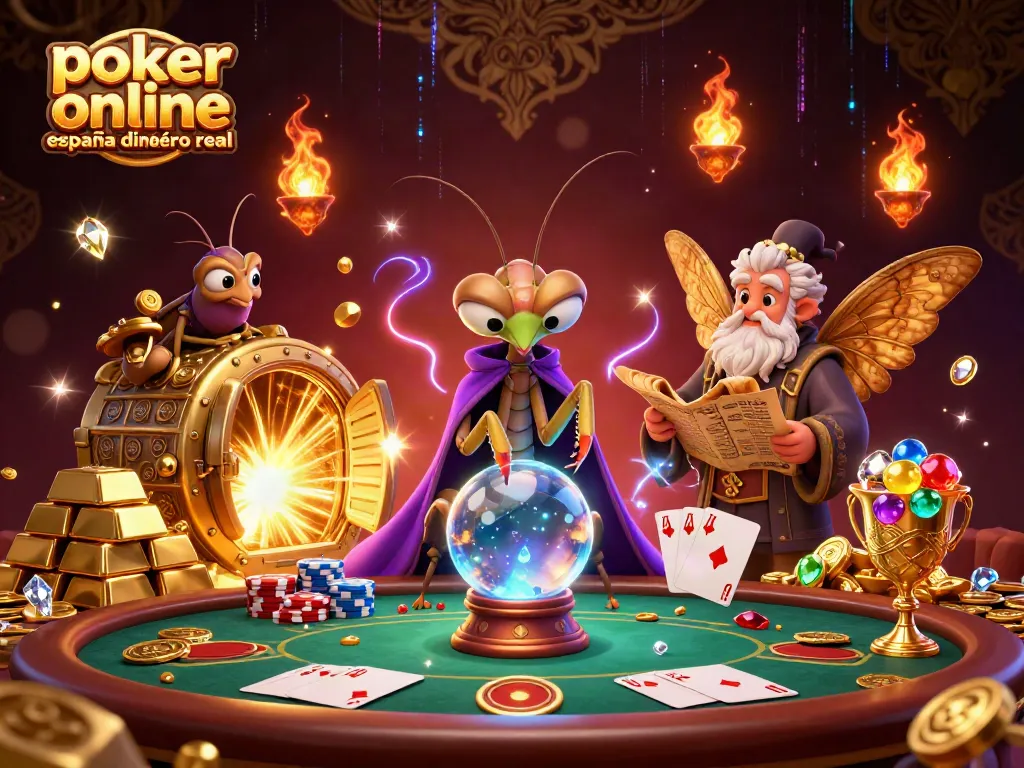 Juego dinámico de póker online España dinero real con personajes y elementos de casino.