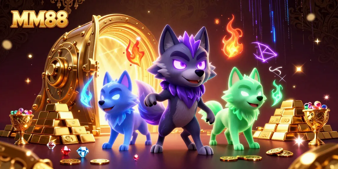Experience the excitement of MM88 with magical wolf spirits and treasures swirling in a vibrant casino scene.