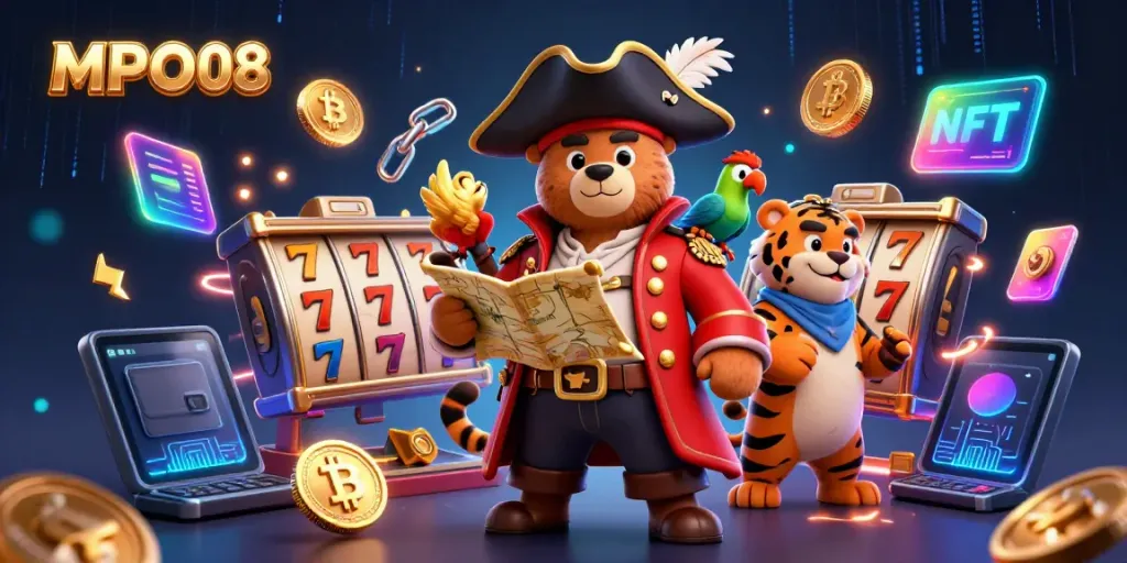 MPO08 offers thrilling jackpot adventures with the pirate bear and tiger in a vibrant casino-themed illustration.