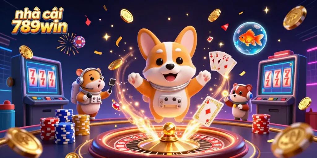 Engaging illustration of a 3D corgi astronaut in a casino setting, promoting nhà cái 789win in a vibrant scene.