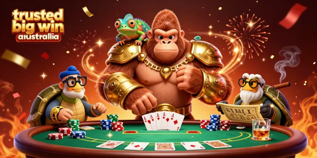 Engage with trusted big win casino Australia showcasing a powerful gorilla king, poker elements, and festive confetti.