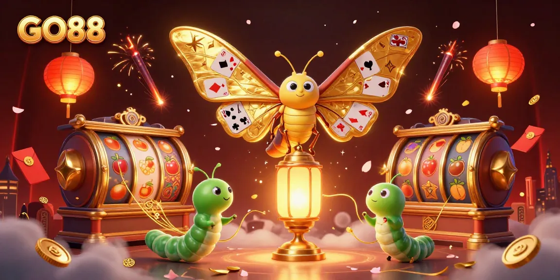 Engage with GO88's vibrant casino world featuring a 3D moth and lively gaming icons in action.