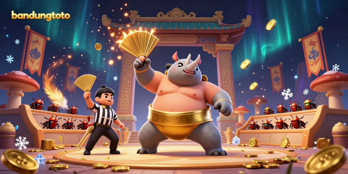 Experience intense action with the bandungtoto beetle sumo champion surrounded by gold coins in a vibrant gambling arena.