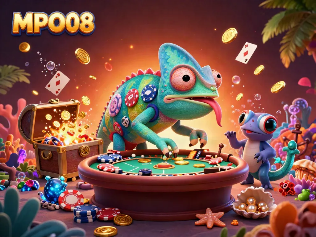 MPO08 captures the excitement of gaming illustrated with a colorful chameleon casino owner among treasure