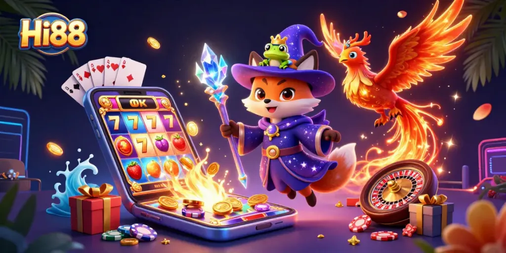 Engage with Hi88’s vibrant 3D illustration showcasing a wizard fox, phoenix, and enchanted frog amid dynamic slot game action.