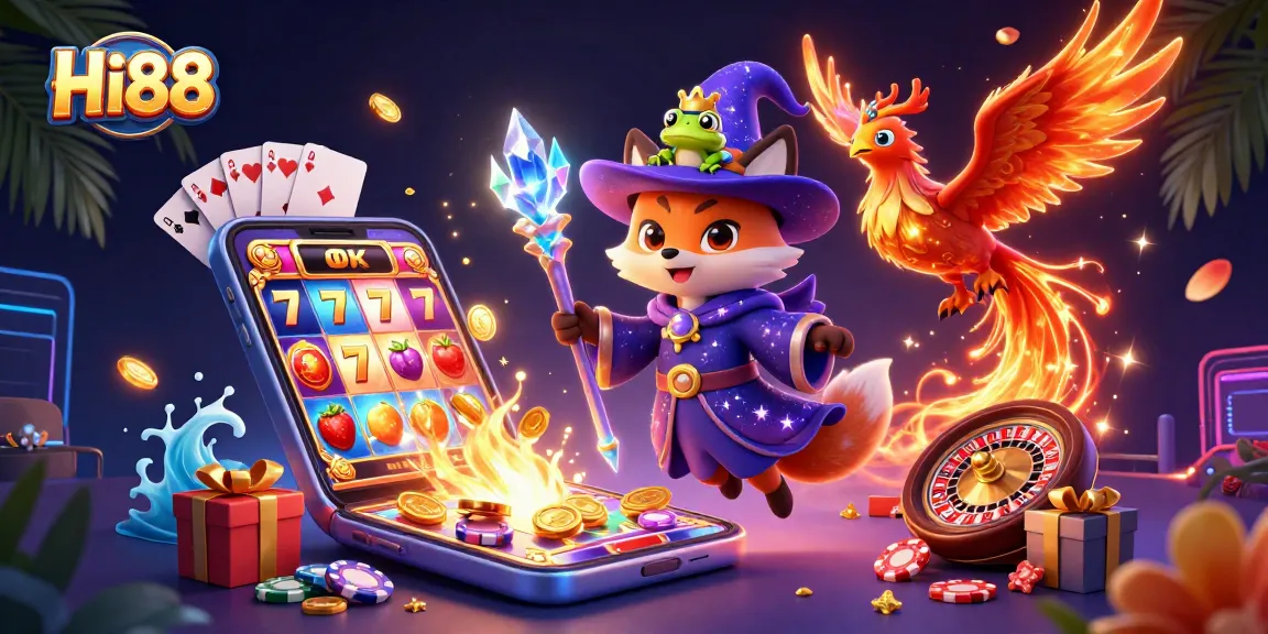 Engage with Hi88’s vibrant 3D illustration showcasing a wizard fox, phoenix, and enchanted frog amid dynamic slot game action.