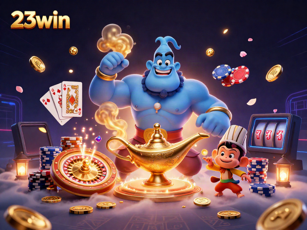 Experience thrilling gaming action with 23win's vibrant 3D illustration featuring a genie, poker chips, and enchanting elements.