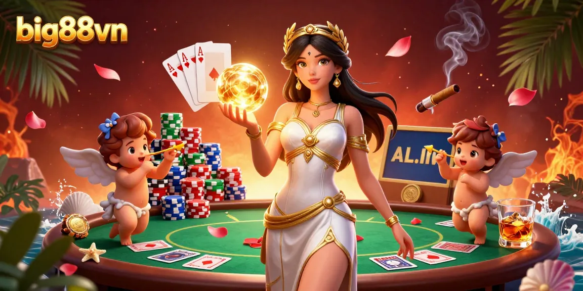 Engage with big88vn in a lively casino scene featuring a goddess, cherubs, and poker elements.