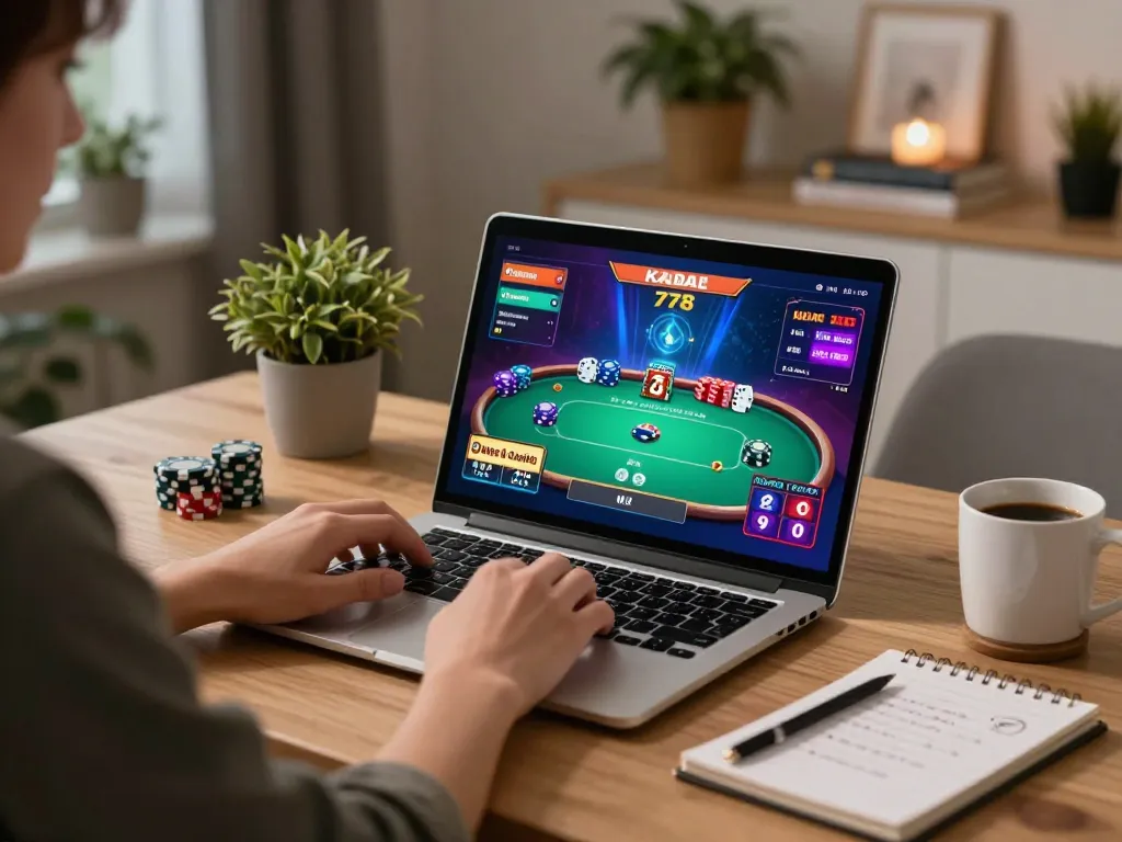 KADAL 778 user engaged in an online poker game on their laptop at home, showcasing strategic gameplay