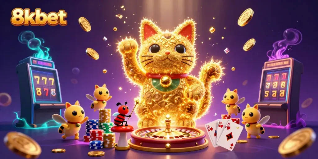 Experience the excitement of 8xbet with a vibrant illustration of a giant lucky cat and casino elements.
