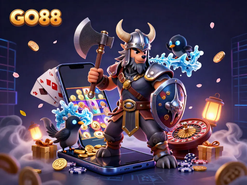 Engage with GO88 through thrilling games in a vibrant 3D casino scene showcasing dynamic characters.