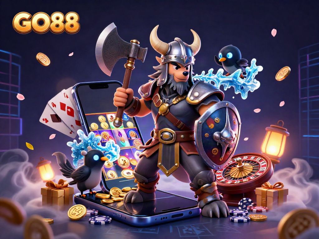 Engage with GO88 through thrilling games in a vibrant 3D casino scene showcasing dynamic characters.