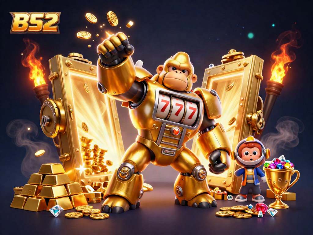 Experience thrilling B52 gaming action with our golden gorilla mech bursting coins and jewels.