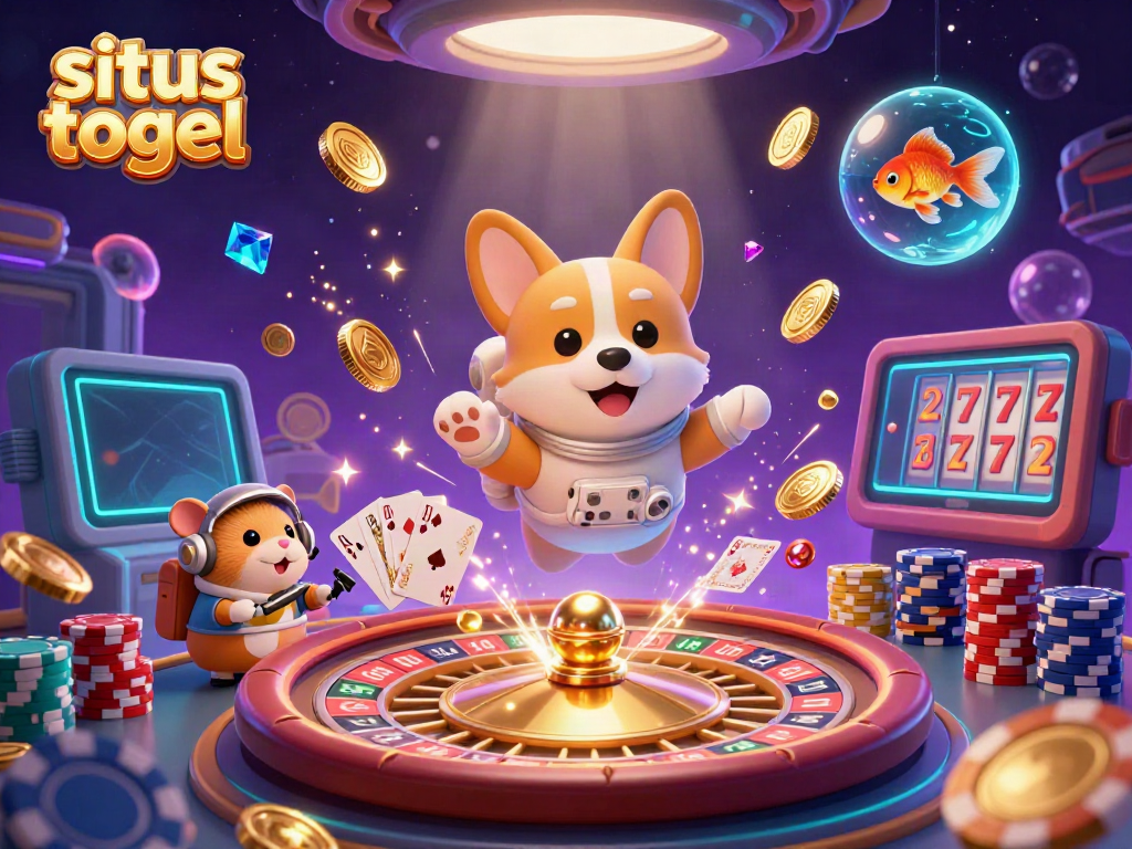 Experience thrills as you navigate through the floating universe of situs togel, where golden coins and poker elements abound.