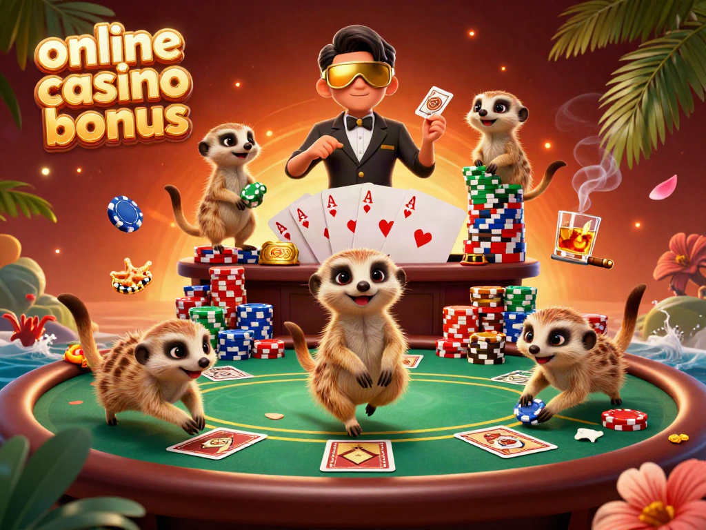 Experience the excitement of online casino bonuses with dynamic meerkat characters in a vibrant casino setting.