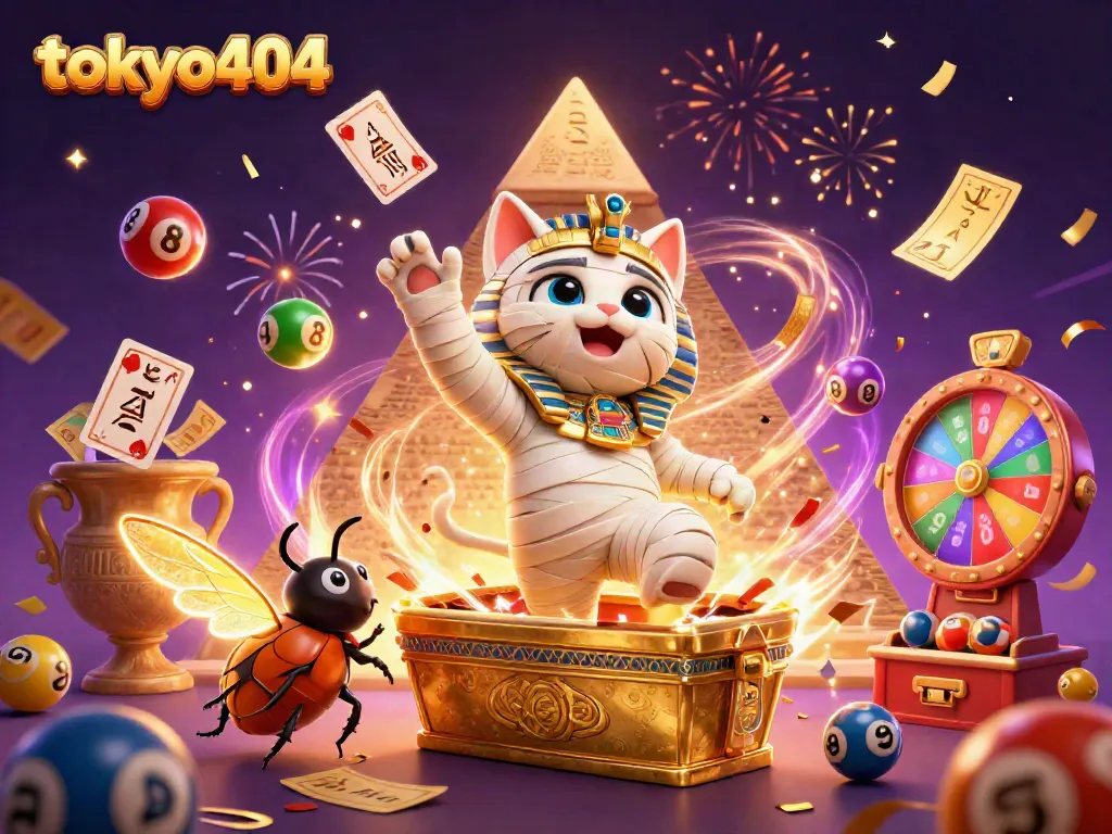Experience excitement with tokyo404, featuring a mummy cat in a vibrant pyramid casino scene.
